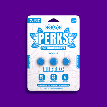 3ct 60mg Dozo PERKS PSEUDOINDOXYL | 60 mg Per Pack | BLUE RAZZ (FOCUS BLEND)