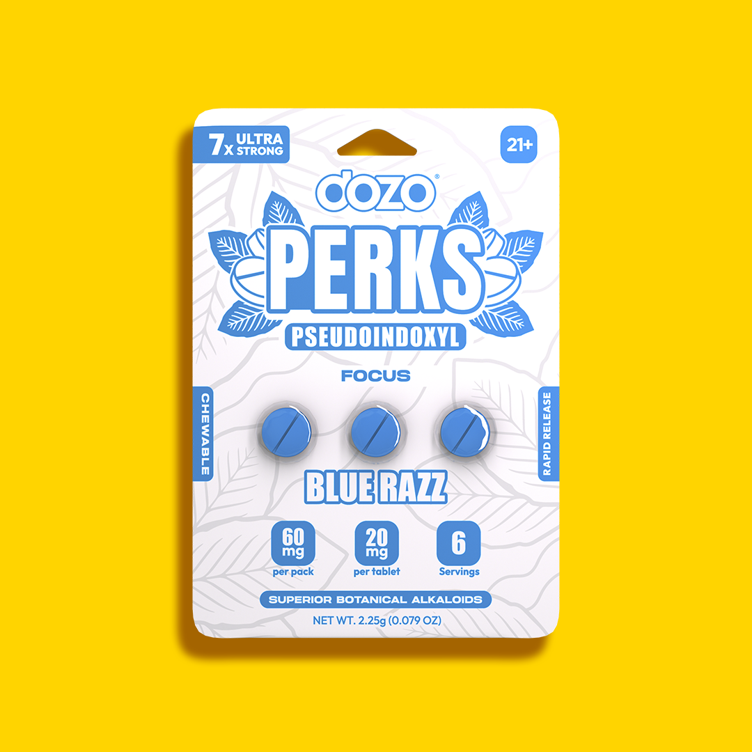 3ct 60mg Dozo PERKS PSEUDOINDOXYL | 60 mg Per Pack | BLUE RAZZ (FOCUS BLEND)