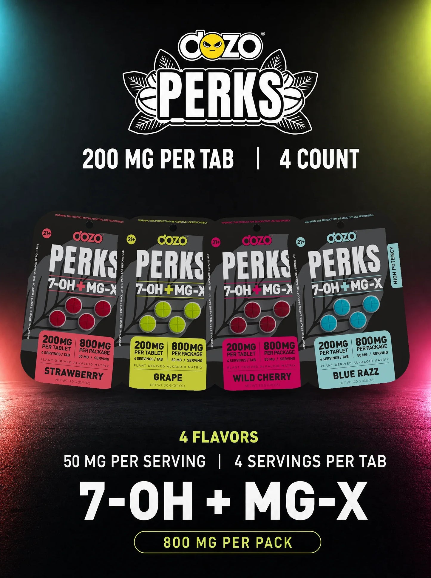 DOZO PERKS 7-OH + MG-X 4ct 800mg cover - 4 flavors