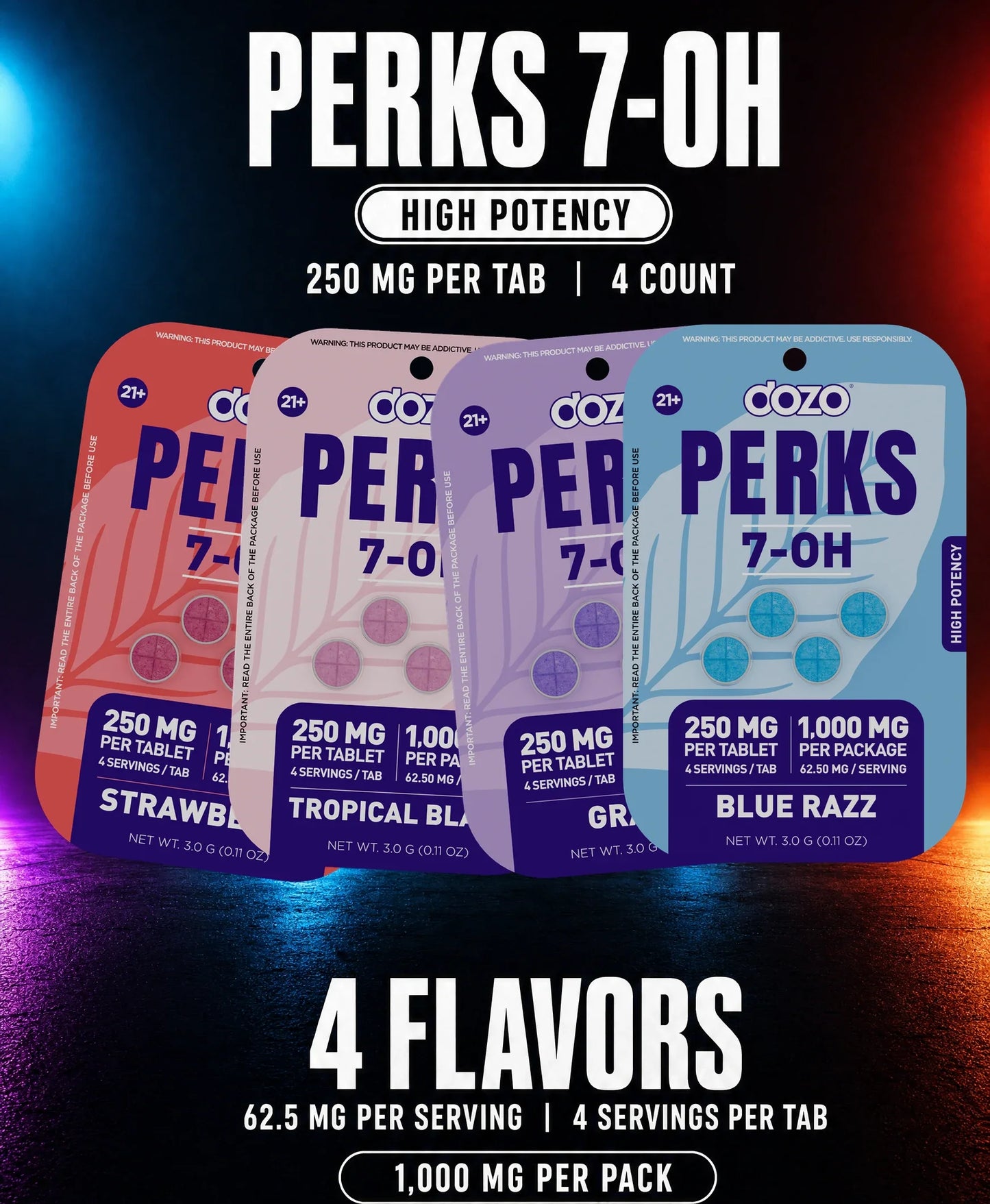 DOZO PERKS 7-OH High Potency cover - 4 flavors, 250mg per tab, 1000mg per pack